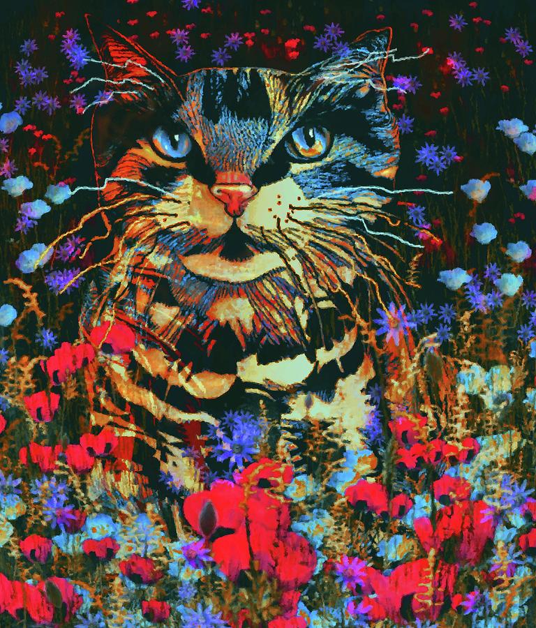 Cat With Flowers Painting by Natalie Holland