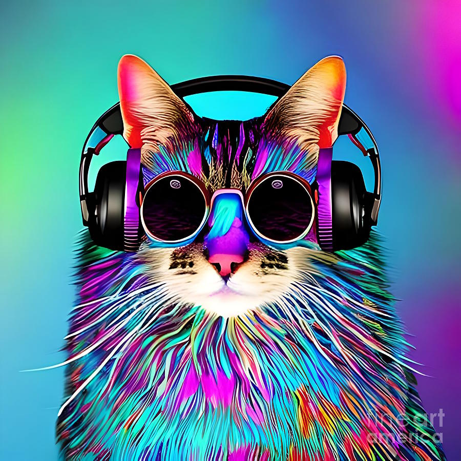 Cat With Headphones Digital Art By Jan Bechtum - Fine Art America