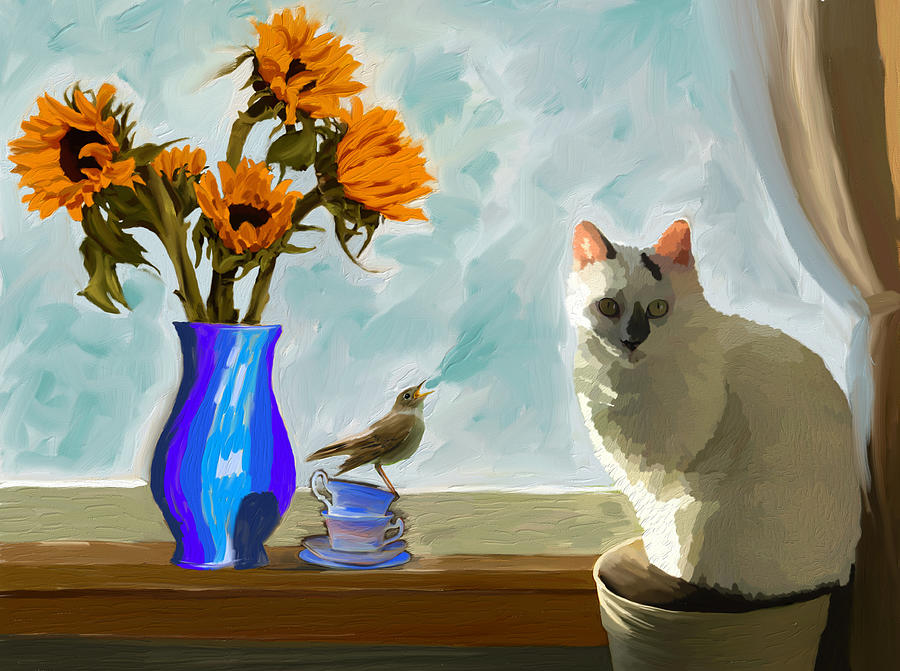 Cat with Nightingale and Sunflowers Mixed Media by Ann Leech