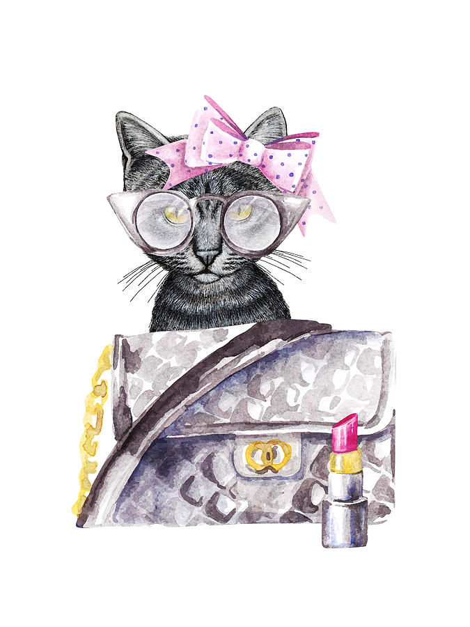 Cat With Purse And Lipstick Digital Art