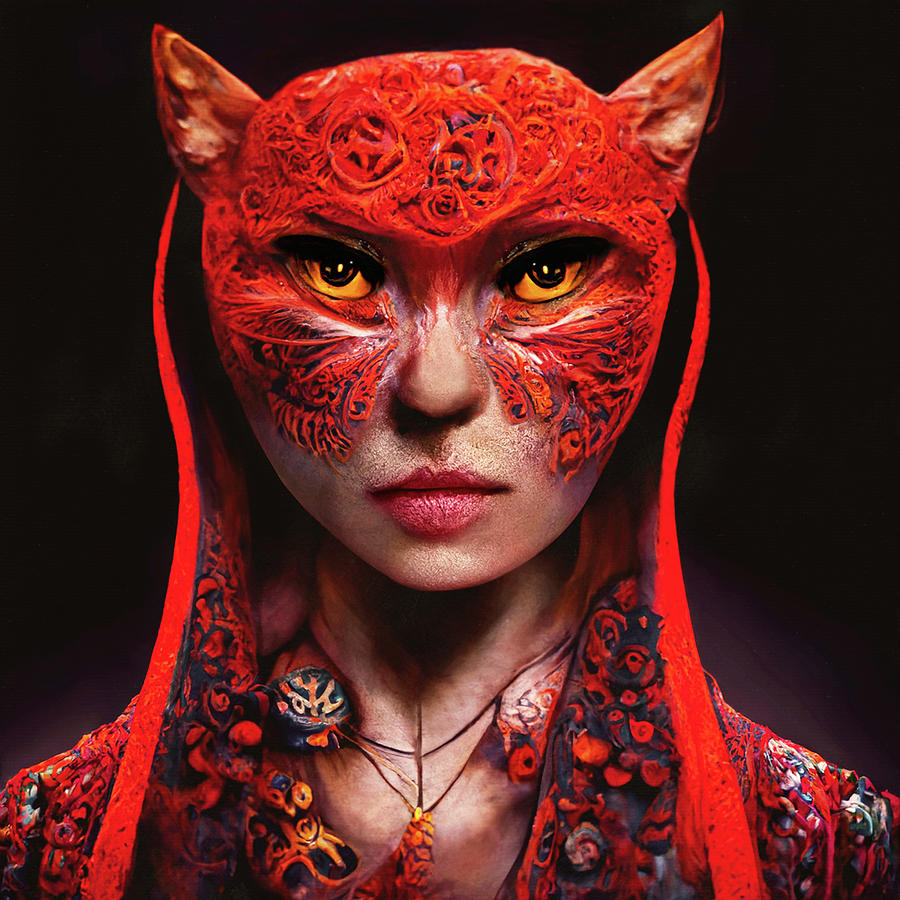 Cat Woman Warrior Wearing Red Digital Art by Peggy Collins