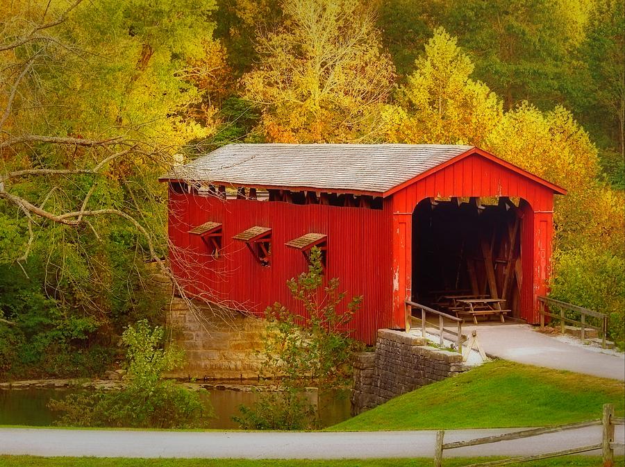 Cataract Falls Covered Bridge Photograph by Carmen Macuga - Fine Art ...