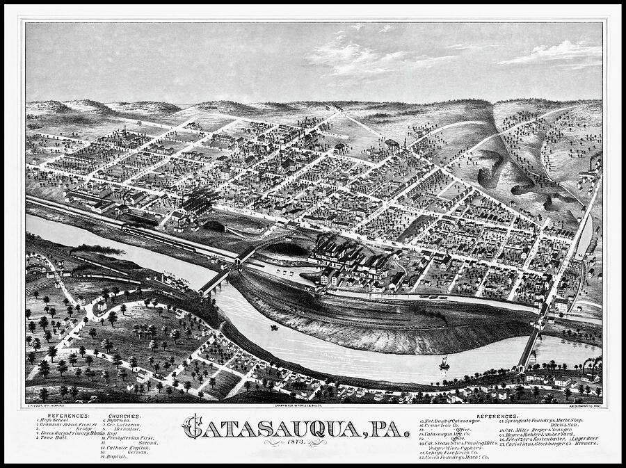 Catasauqua Pennsylvania Vintage Map Aerial View 1873 Black and White