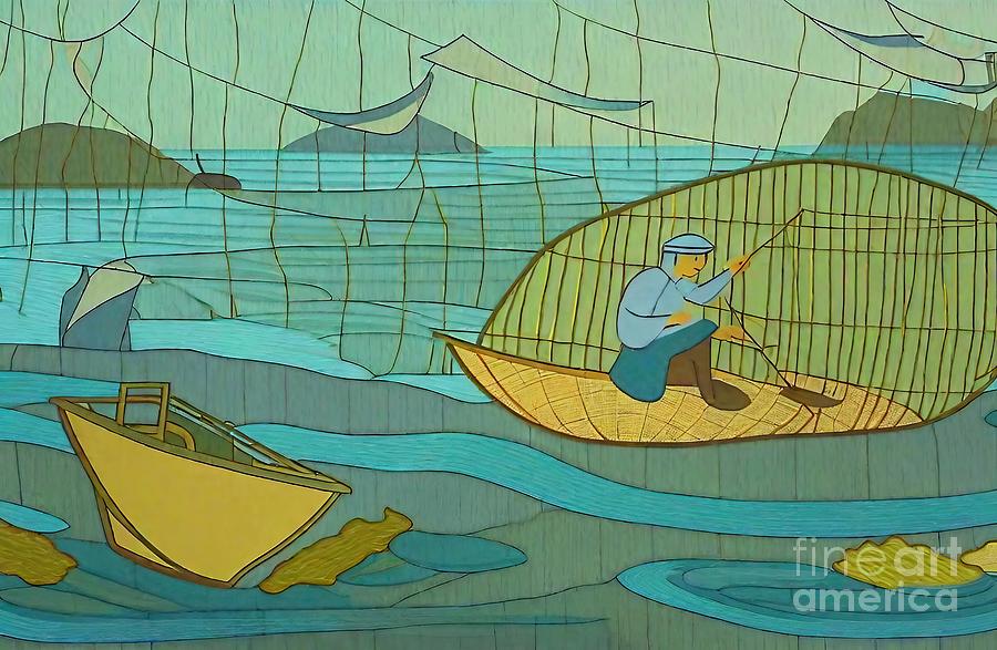 Architecture Painting - Catch fish on the river Painting rowing catch fish on the river basket boat draft in the river house on the river boat ceramic art porto portugal sea tourism traditional train station travel water by N Akkash