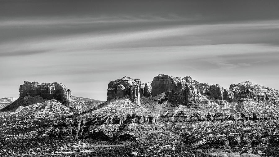 Black And White Photograph - Cathedral and Chapel Rocks in Sedona Arizona by Good Focused