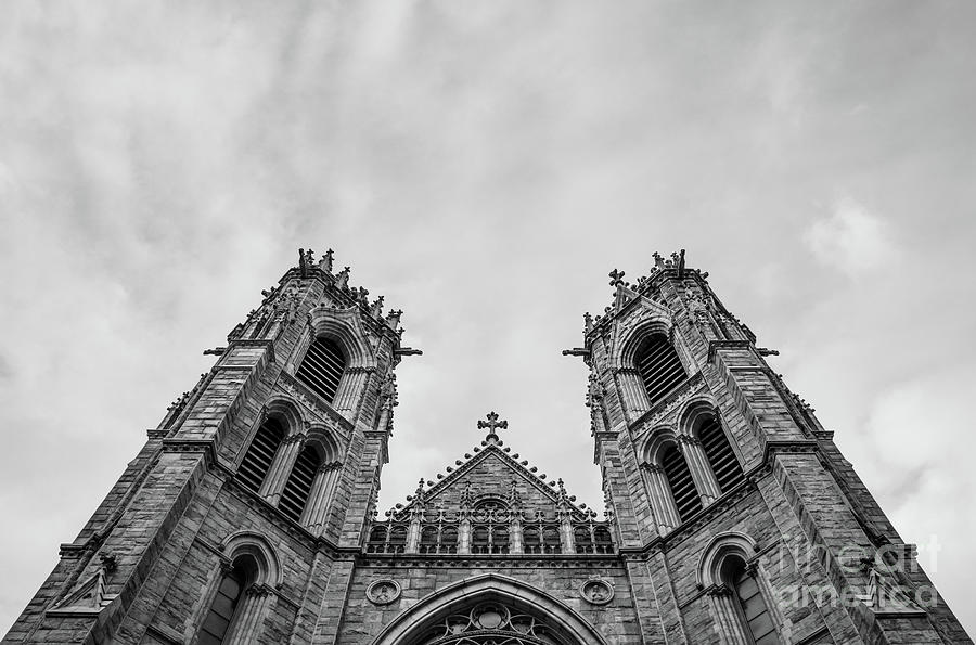 Cathedral Basilica Of The Sacred Heart - Entrance Spire Gates Bw Photograph