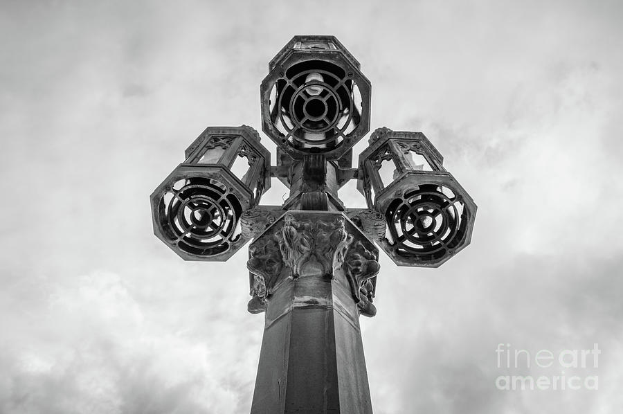 Cathedral Basilica Of The Sacred Heart - Isolated Light Fixture Upward Bw Photograph