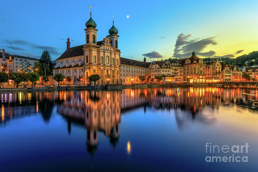 Cathedral Lucerne Switzerland at night Photograph by Benny Marty