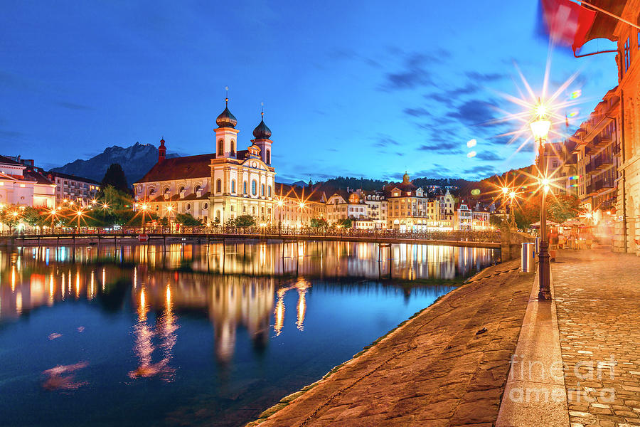 Cathedral Lucerne Switzerland night Photograph by Benny Marty