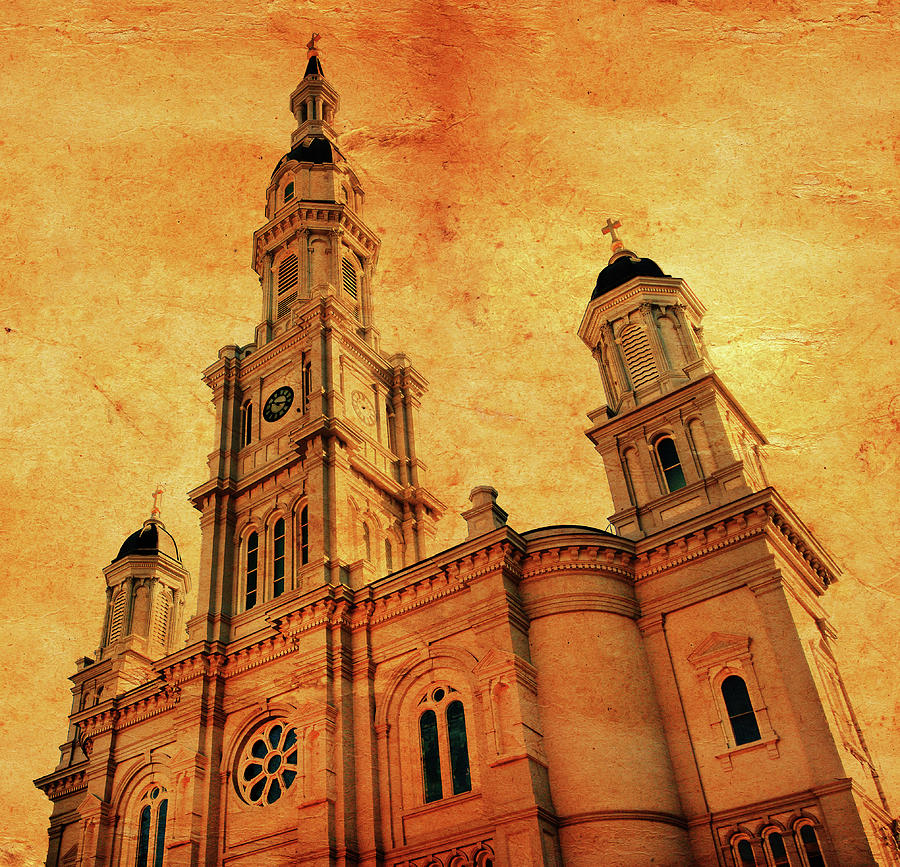 Cathedral of the Blessed Sacrament in Sacramento, blended on old paper Digital Art by Nicko Prints