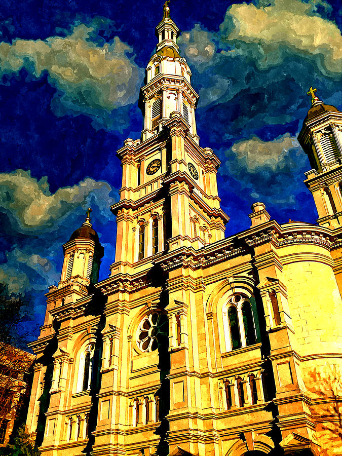 Cathedral of the Blessed Sacrament in Sacramento - watercolor painting Digital Art by Nicko Prints