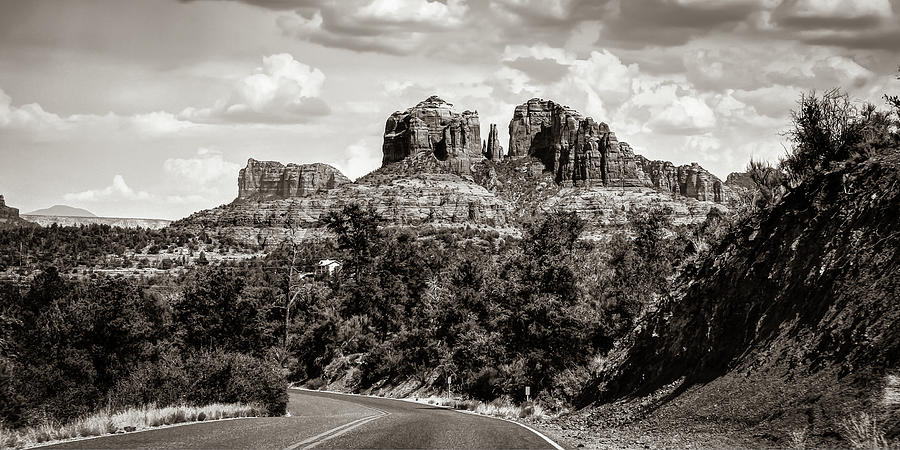 Cathedral Rock At Red Rock Crossing Panoramic Sepia Landscape - Sedona Arizona Photograph by Gregory Ballos