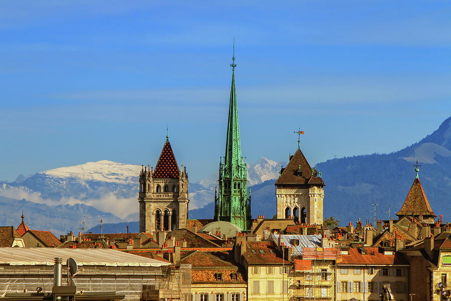 Cathedral Saint-Pierre towers and Alps mountains, Geneva, Switzerland Photograph by Elenarts - Elena Duvernay photo