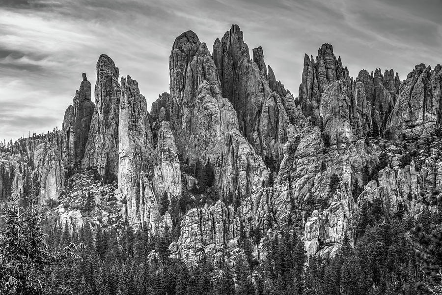 Cathedral Spires Along The Black Hills Needles Highway - Black and White Photograph by Gregory Ballos