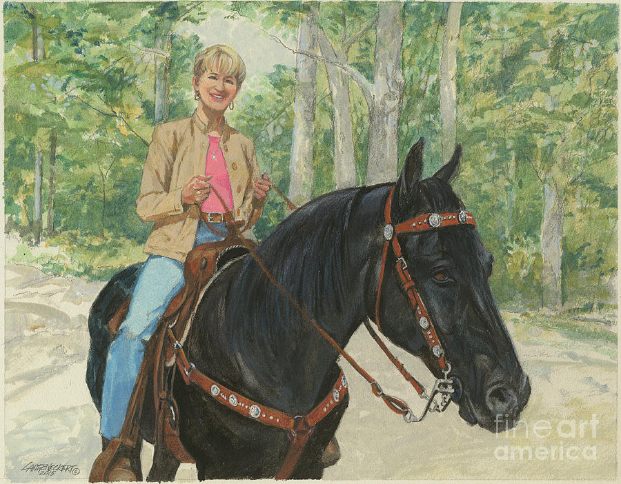 Trail Ride Painting - Cathy on a Trail Ride by Don Langeneckert