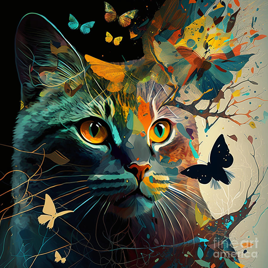 Cats and Butterflies Art Print Painting by Crystal Stagg