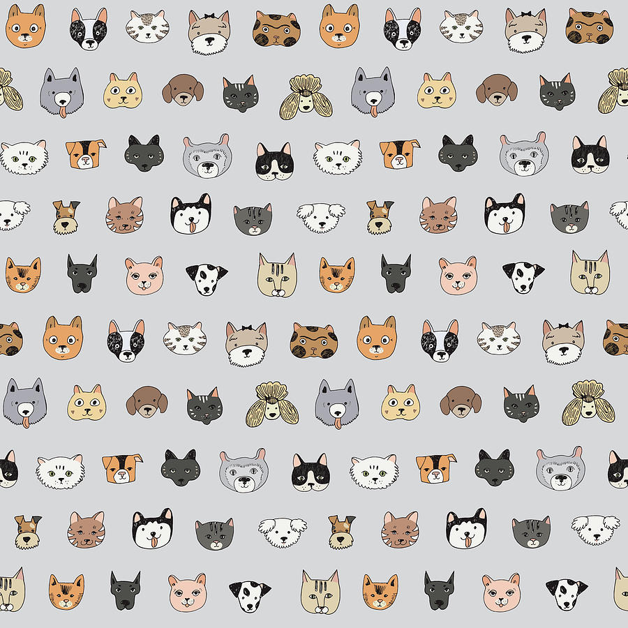 Cats And Dogs Animal Doodle Seamless Pattern Drawing by Julien | Fine ...