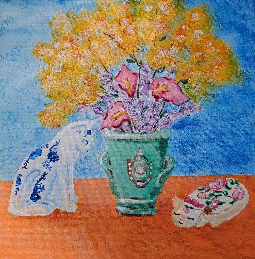 Cats and Flowers Painting by Nancy Sisco