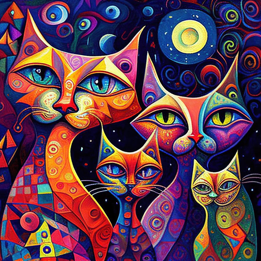 Cat Painting - Cats and Kitten in Moonshine by My Head Cinema