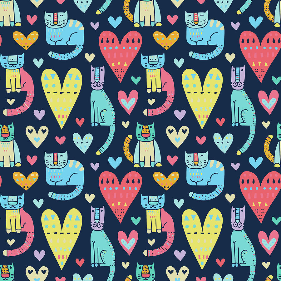 Cats And Love, Love And Cats. Funny Colorful Seamless Pat Drawing