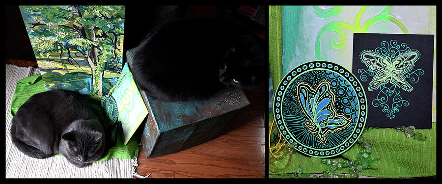 Cats and Neon Green Fairies - Diptych Photograph by Katherine Nutt