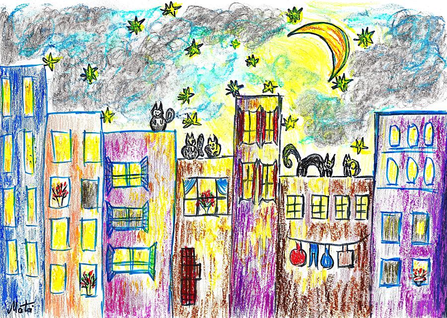 Cats and the City Painting by Ramona Matei