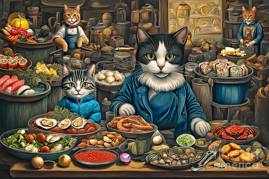 Cat Digital Art - Cats At The Fish Market  by Two Hivelys