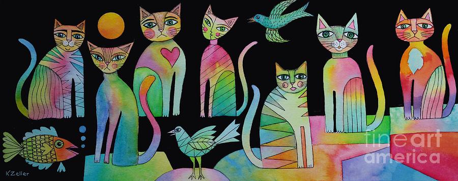 Cats Birds Fish Mixed Media by Karin Zeller