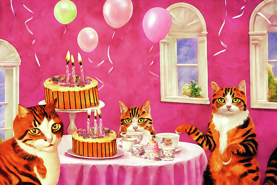 Cats Birthday Party - Watercolor Digital Art by Peggy Collins