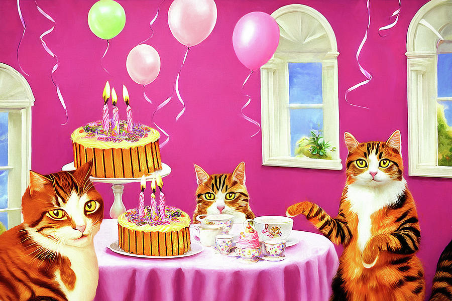 Cats Birthday Party with Fish Cakes Digital Art by Peggy Collins