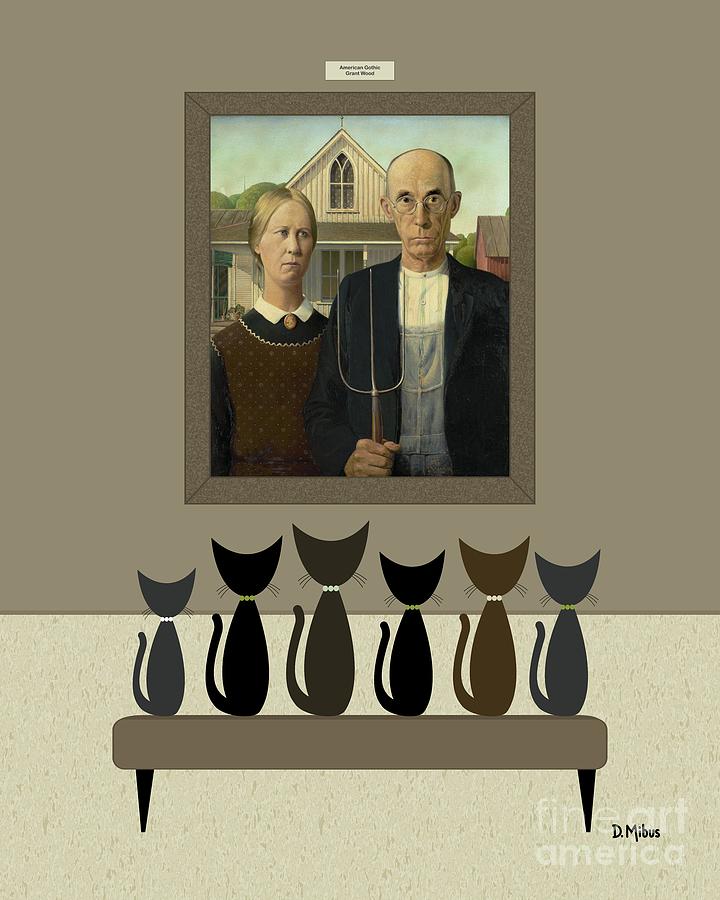 Cats Contemplate American Gothic Digital Art by Donna Mibus