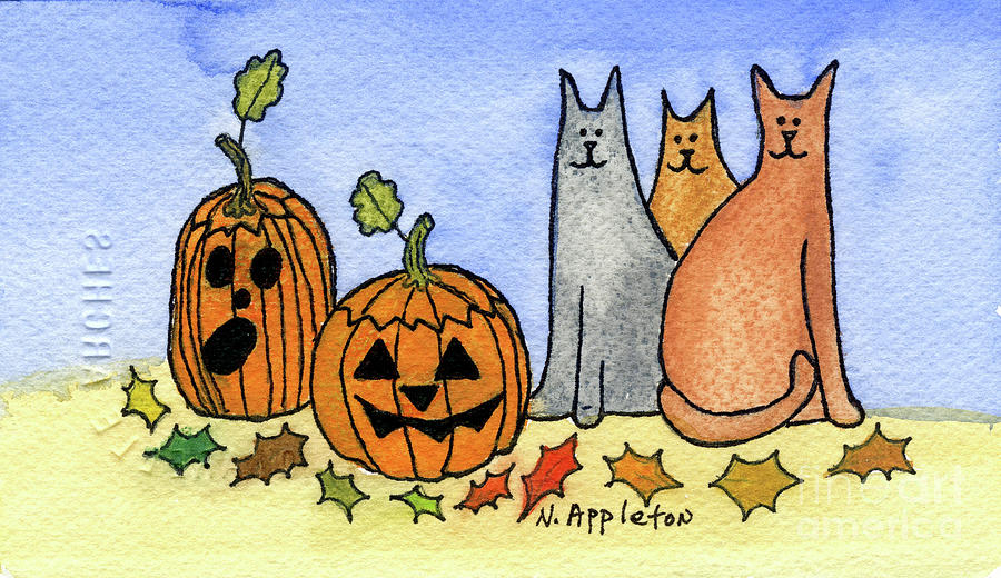 Cats Discover Jack O Lanterns Painting by Norma Appleton