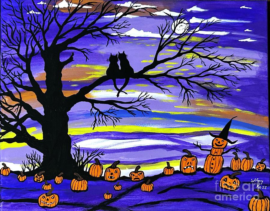 Black  Cats Fall In Love On Halloween Greeting Card Painting by Jeffrey Koss