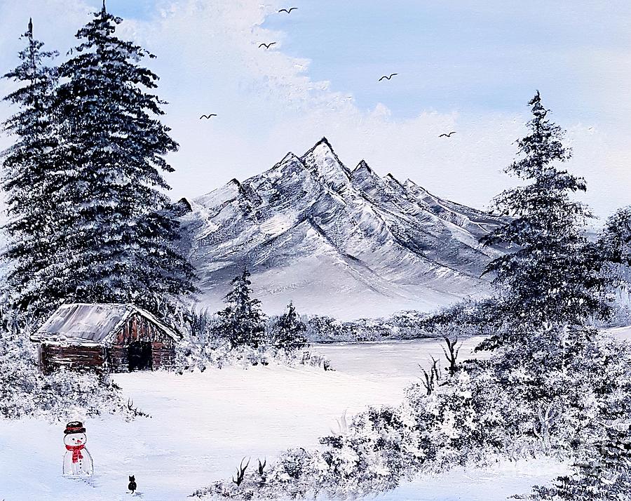 Cats first winter fun mountain landscape  Painting by Angela Whitehouse