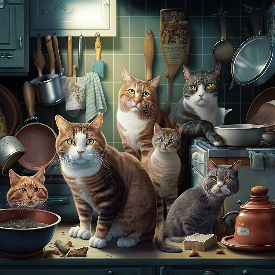 Cats in the Kitchen 01 Digital Art by Matthias Hauser