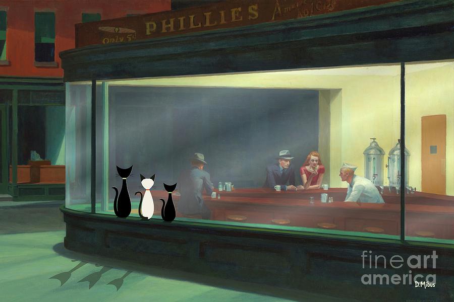 Cats Peer Into Nighthawks Diner Digital Art by Donna Mibus