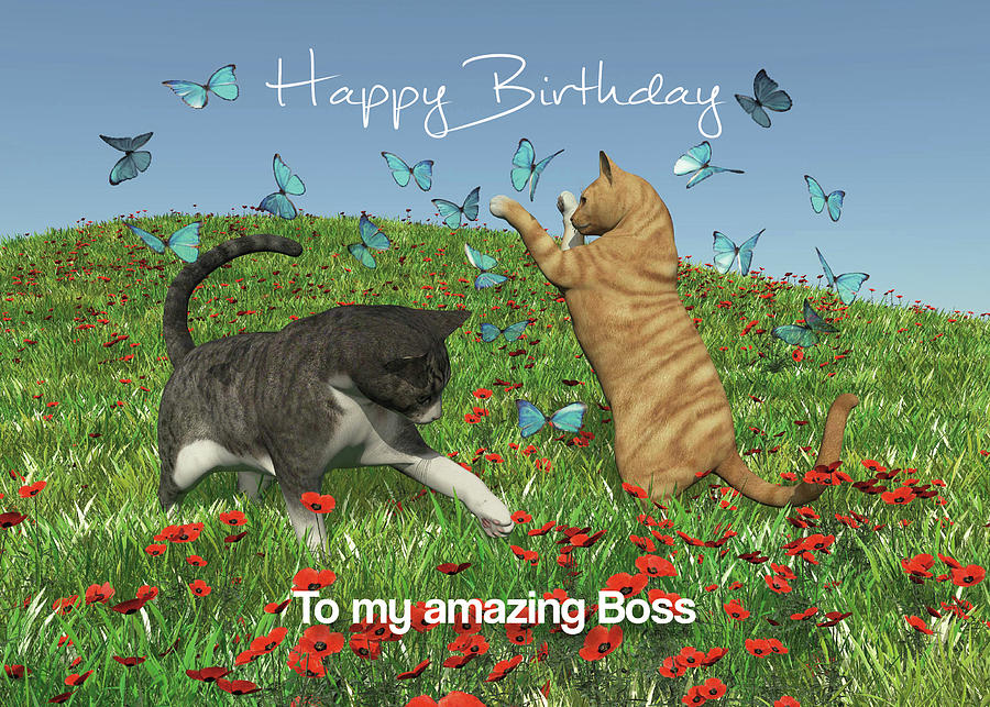 Cats playing with butterflies for Boss Birthday Digital Art by Jan Keteleer