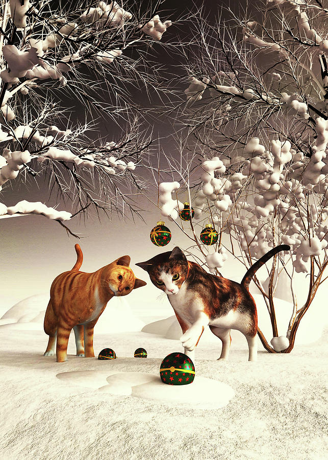 Cats playing with Christmas balls Digital Art by Jan Keteleer