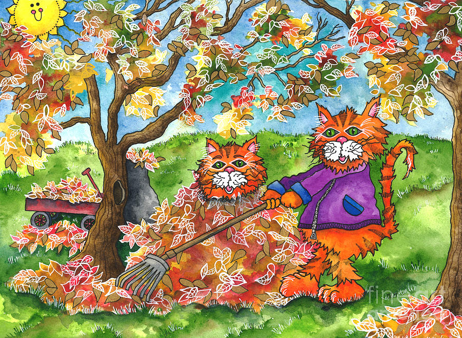 Cats Raking Autumn Leaves Painting by Shelley Wallace Ylst
