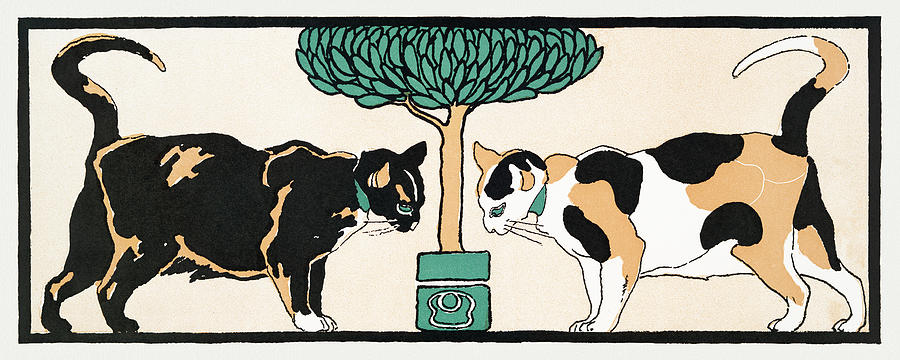 Cats under a tree Drawing by Edward Penfield