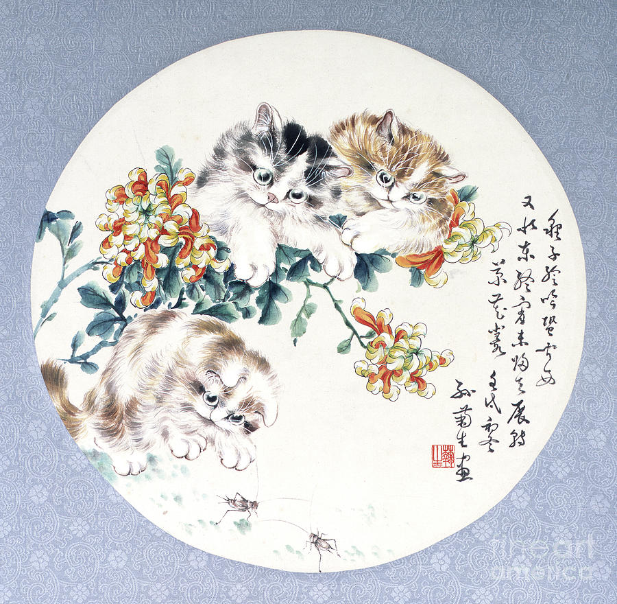 Cats With Orange And Yellow Flowers Painting by Sun Jusheng