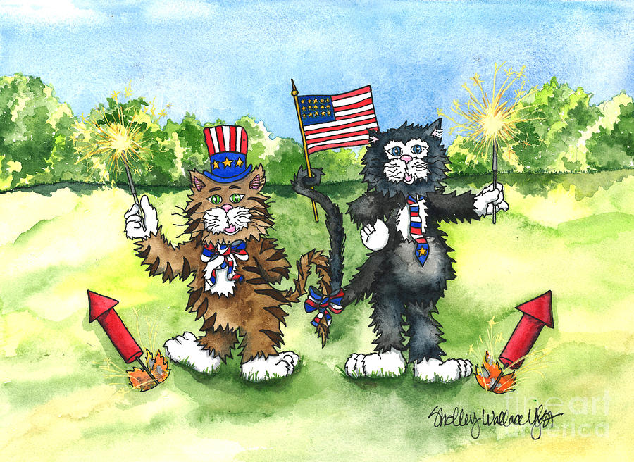 Cats with Sparklers on the Fourth of July Painting by Shelley Wallace Ylst