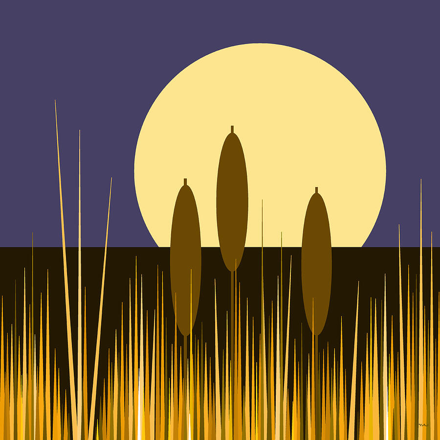 Cattails and a Big Yellow Full Moon  Digital Art by Val Arie
