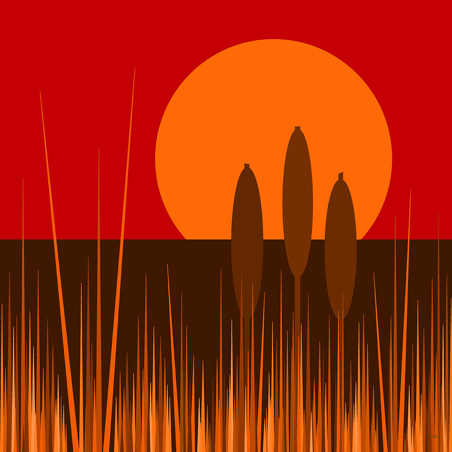 Cattails and a Red Sunset Digital Art by Val Arie