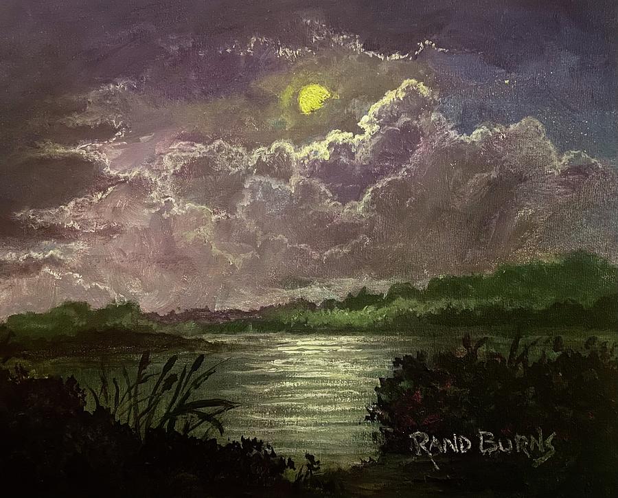 Cattails, Moon, And A Star Painting by Rand Burns