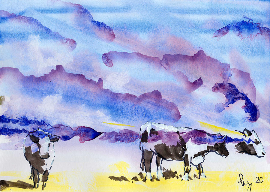 Cattle and purple clouds surreal painting Painting by Mike Jory