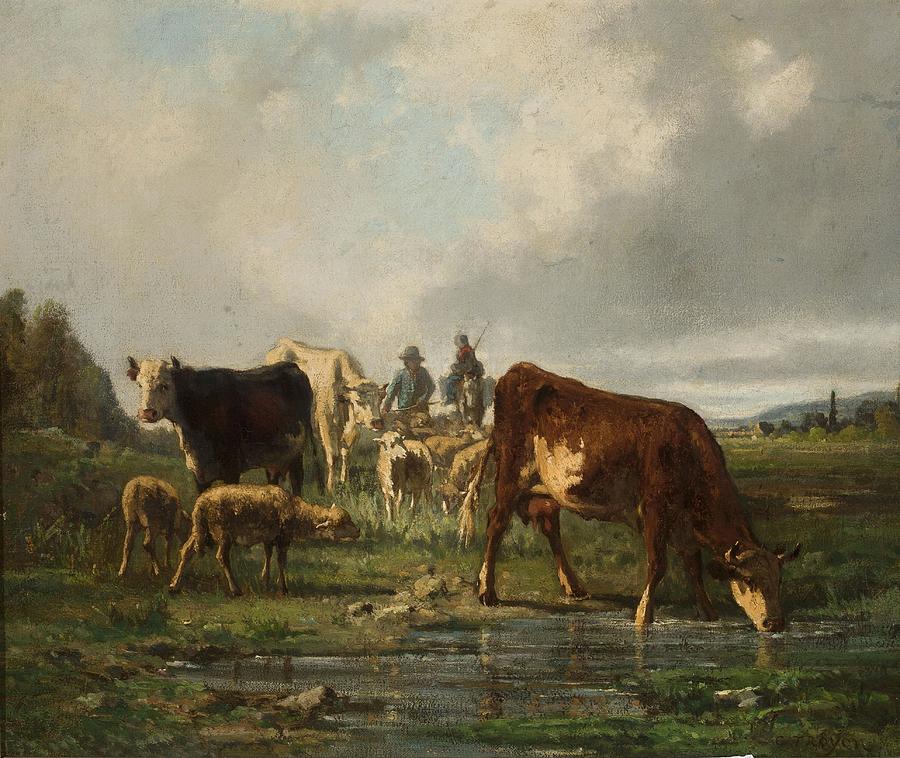 Cattle at the waterhole Painting by Constant Troyon