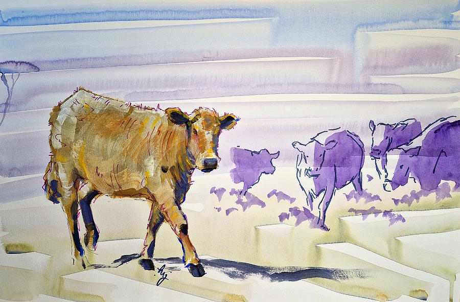 Cattle walking surreal purple painting Painting by Mike Jory