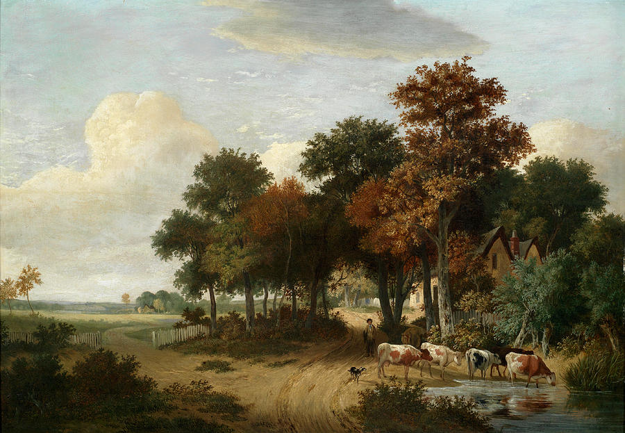 Cattle watering in an East Anglian landscape Painting by Samuel David ...