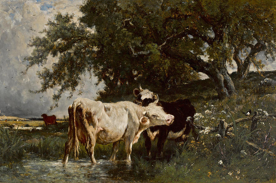 Cattle watering under a sheltering tree  Painting by Emille Van Marcke